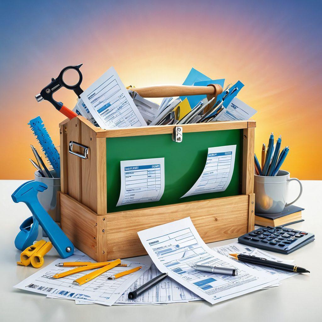 A visually dynamic toolbox filled with various bankruptcy tools like calculators, legal documents, and charts symbolizing financial rebirth. In the background, a sunrise represents a fresh start, with rays of light illuminating the scene. Include subtle hints of financial keywords like 'relief', 'restart', and 'freedom'. The color palette should be uplifting, featuring greens and blues to convey tranquility and hope. vector art. vibrant colors. white background.