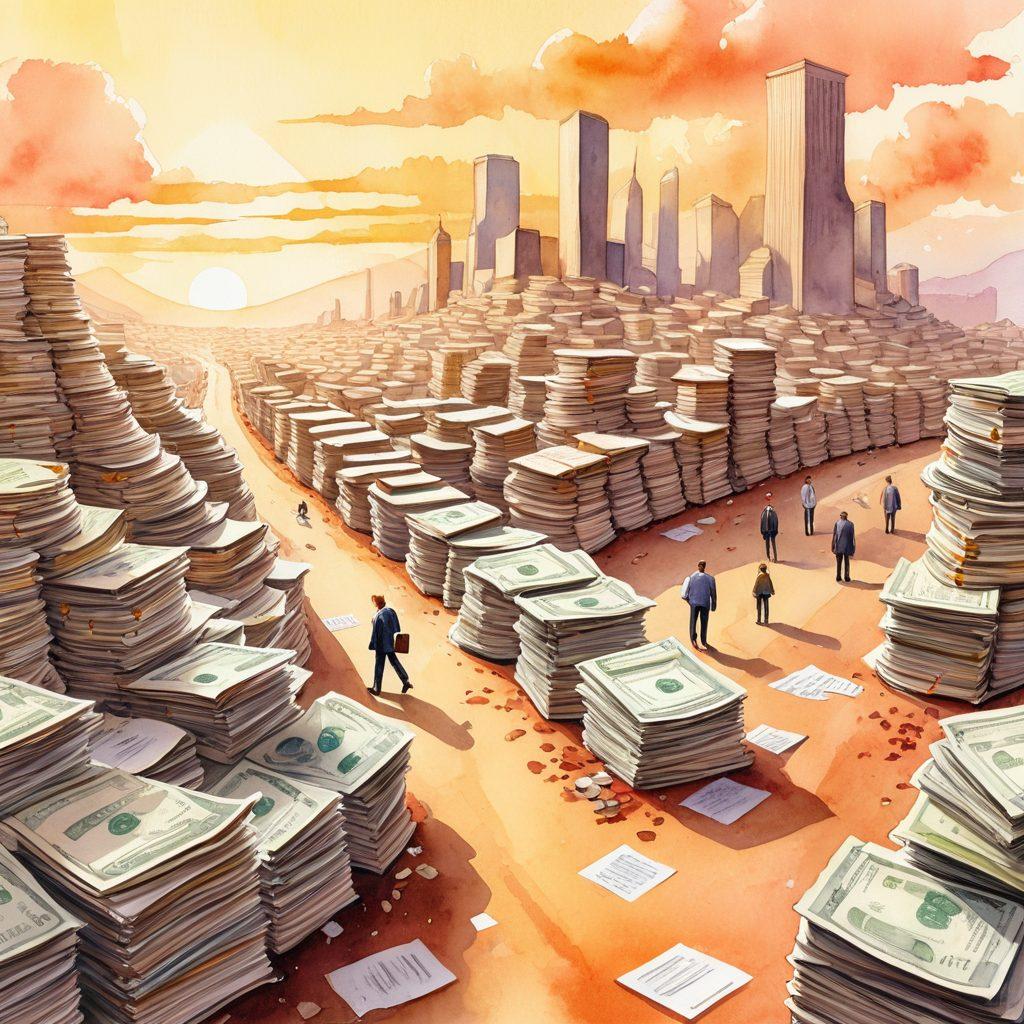 A metaphorical landscape depicting a winding road through a sprawling bankruptcy maze, with towering stacks of paperwork and legal documents on either side. At the end of the road, a bright light symbolizes financial recovery and hope, with individuals in business attire looking determined yet hopeful. Include elements like a gavel and dollar signs scattered along the path, to emphasize the legal aspect of bankruptcy. watercolor style. warm colors. inspirational theme.